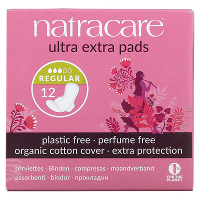 Natracare Ultra Extra, прокладки, поверхность из органического хлопка, обычные, 12штук