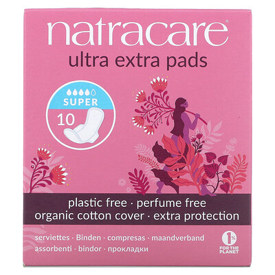 Купить Natracare Ultra Extra, прокладки, поверхность из органического хлопка, супер, 10 штук