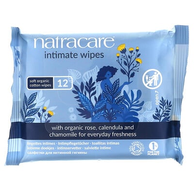 Natracare Сертифицированные органические хлопковые салфетки для интимной гигиены, 12 салфеток