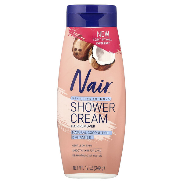 Nair Shower Cream Hair Remover, Sensitive Formula, Natural Coconut Oil & Vitamin E, 12 oz (340 g)