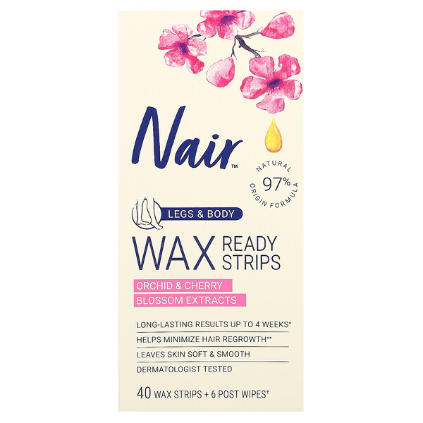 Nair Wax Ready-Strips, For Legs & Body, Orchid & Cherry Blossom Extracts, 40 Wax Strips + 6 Post Wipes