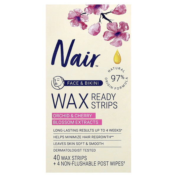 Nair Wax Ready Strips, Face & Bikini, Orchid & Cherry Blossom Extracts, 40 Wax Strips + 4 Post Wipes