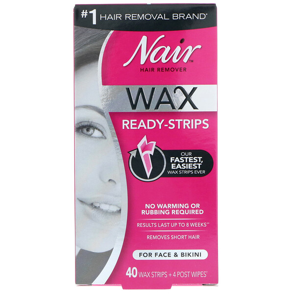 Hair Remover, Wax Ready-Strips, For Face & Bikini, 40 Wax Strips + 4 Post Wipes