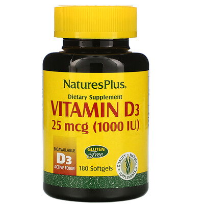 Nature's Plus Витамин D3, 25 мкг (1000 МЕ), 180 капсул
