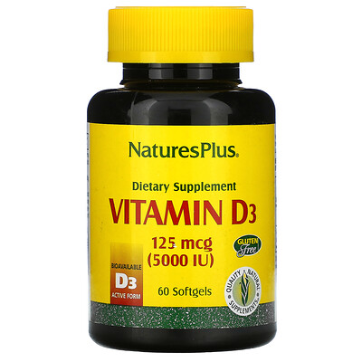 Nature's Plus витамин D3, 125 мкг (5000 МЕ), 60 мягких таблеток