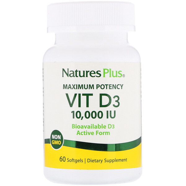 Nature's Plus, Maximum Potency, Vit D3, 10,000 IU, 60 Softgels iHerb