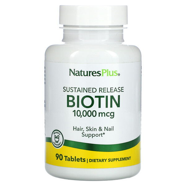 Nature's Plus, ไบโอตินในรูปเม็ดยาออกฤทธิ์เนิ่น ขนาด 10,000 มคก. บรรจุ 90 เม็ด