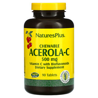 Nature's Plus, Acerola-C, Vitamina C com Bioflavonoides, 500 mg, 90 Comprimidos Mastigáveis