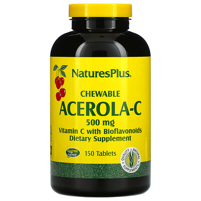 Nature's Plus Chewable Acerola-C, Vitamin C with Bioflavonoids, 500 mg, 150 Tablets
