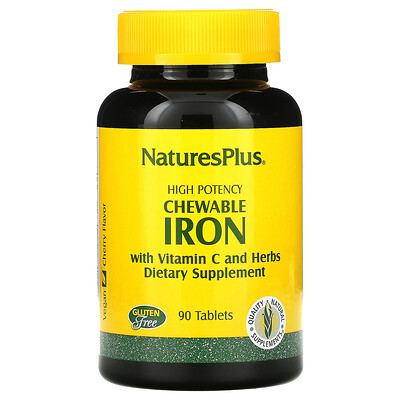 

Nature's Plus высокоэффективное железо с витамином C и травами, вишневый вкус, 90 жевательных таблеток