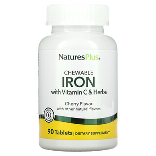 Nature's Plus, Ferro Mastigável de Alta Potência com Vitamina C e Ervas, Cereja, 90 Comprimidos