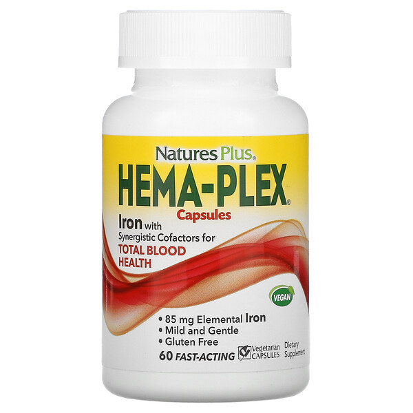 Nature's Plus, Hema-Plex, пищевая добавка с железом, 60 вегетарианских капсул быстрого действия