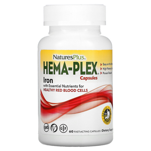 Nature's Plus, Hema-Plex, пищевая добавка с железом, 60 вегетарианских капсул быстрого действия