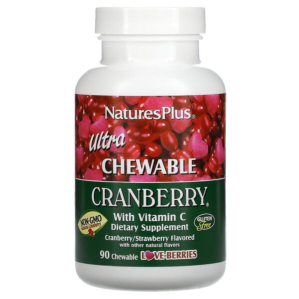 Nature's Plus, Ultra Chewable Cranberry с витамином C, клюква / клубника, 90 жевательных ягод