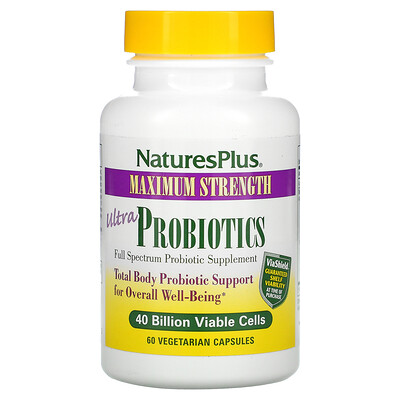 Nature's Plus сверхэффективные пробиотики, 40 млрд жизнеспособных клеток, 60 растительных капсул