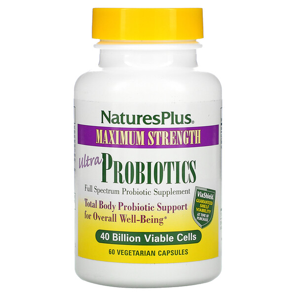 Nature's Plus, ультрапробиотики, максимальная эффективность, 40 млрд жизнеспособных клеток, 60 растительных капсул