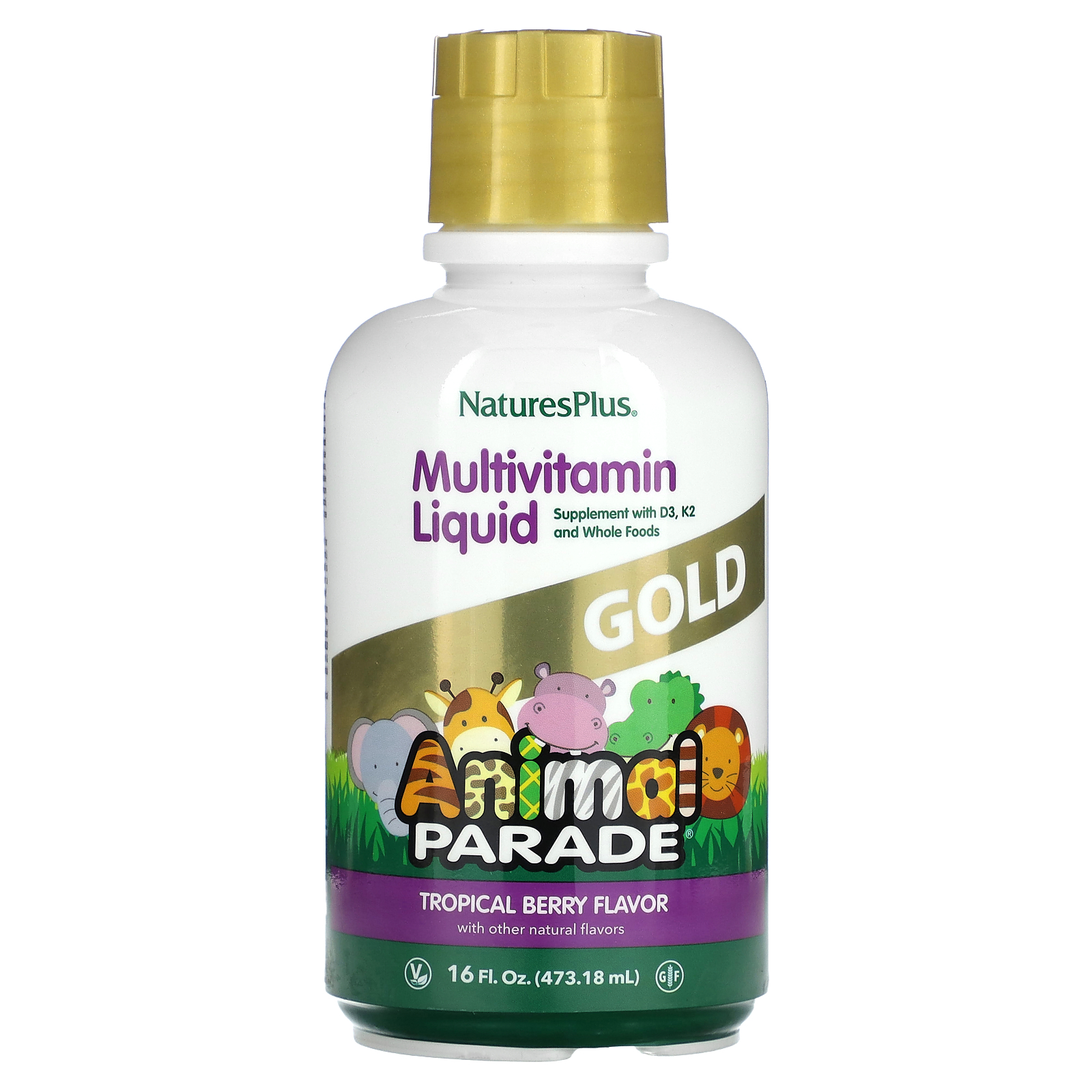 NaturesPlus, Children's Animal Parade Gold Multivitamin Liquid, Tropical Berry, 16 fl oz (473.18 ml)