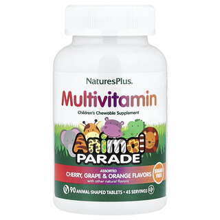 NaturesPlus, Animal Parade, Multivitamin, Suplemen Kunyah untuk Anak, Ceri, Anggur & Jeruk, 90 Tablet Berbentuk Hewan
