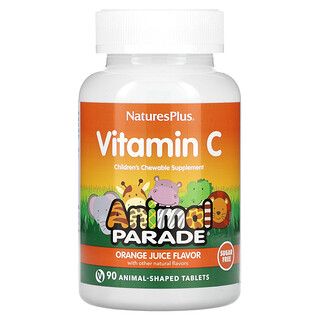 NaturesPlus, Animal Parade（アニマルパレード）、ビタミンC子ども用チュアブルサプリメント、オレンジジュース、無糖、動物型タブレット90粒