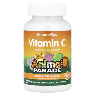 NaturesPlus, Animal Parade, Suplemento masticable de vitamina C para niños, Sabor a zumo de naranja, Sin azúcar, 90 comprimidos con forma de animales