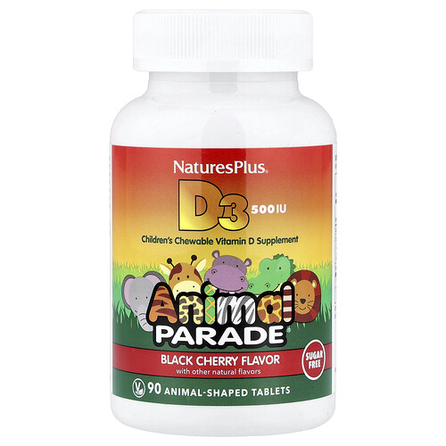 NaturesPlus, Animal Parade, Vitamin D3, Sugar Free, Black Cherry, 500 IU, 90 Animal-Shaped Tablets