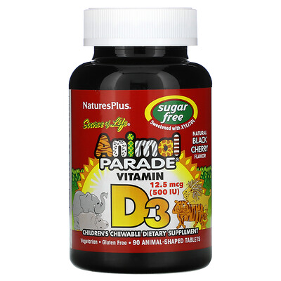 

Nature's Plus Source of Life, Animal Parade, витамин D3, без сахара, с натуральным вкусом черешни, 12,5 мкг (500 МЕ), 90 таблеток в форме животных