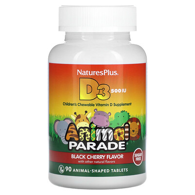

NaturesPlus Source of Life, Animal Parade, витамин D3, без сахара, с натуральным вкусом черешни, 12,5 мкг (500 МЕ), 90 таблеток в форме животных