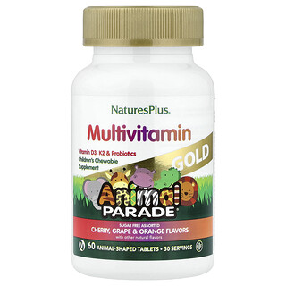 NaturesPlus, Animal Parade® Gold, Multivitamines à croquer pour enfant, Cerise, raisin et orange, 60 comprimés en forme d'animaux