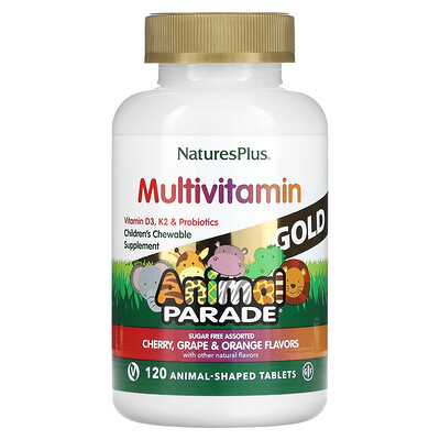 

NaturesPlus Source of Life, Animal Parade Gold, жевательные мультивитамины с микроэлементами для детей, ассорти, 120 таблеток в форме животных