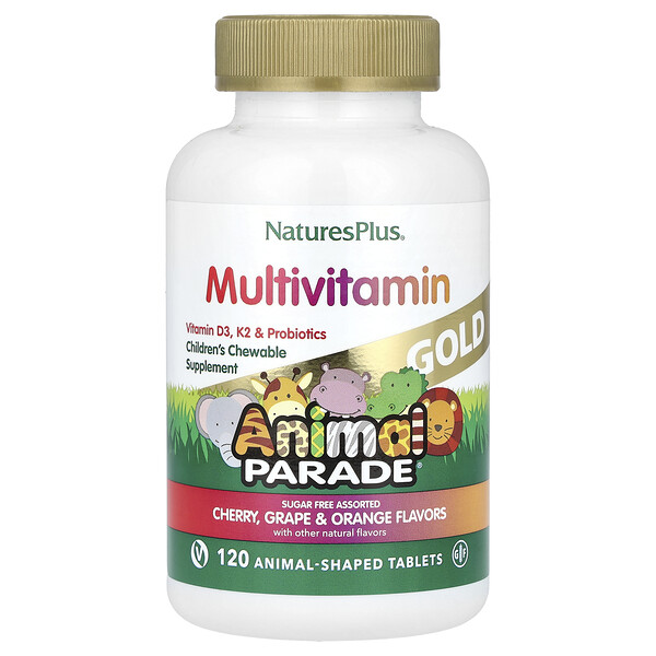 NaturesPlus Animal Parade® Gold, Children's Chewable Multivitamin, Cherry, Grape & Orange, 120 Animal-Shaped Tablets