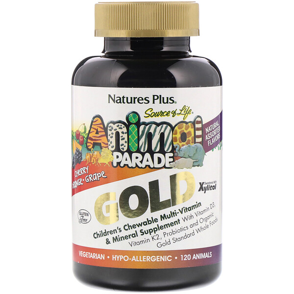 Nature's Plus, Source of Life Animal Parade Gold, добавка для детей с мультивитаминами и минералами, ассорти из натуральных вкусов, 120 таблеток в форме животных