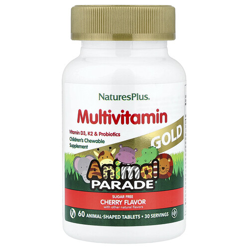 NaturesPlus, Animal Parade® Gold, Multivitamines à croquer pour enfants, Cerise, 60 comprimés en forme d'animaux
