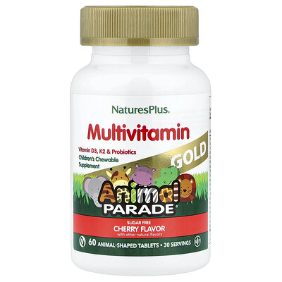 NaturesPlus, Animal Parade® Gold, Suplemento multivitamínico masticable para niños, Cereza, 60 comprimidos con forma de animales