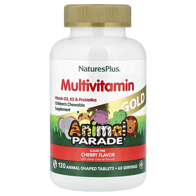 NaturesPlus, Animal Parade® Gold, Suplemento multivitamínico masticable para niños, Cereza, 120 comprimidos con forma de animales