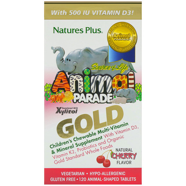 Nature's Plus, Source of Life Animal Parade Gold, Children's Chewable Multi-Vitamin & Mineral Supplement, Natural Cherry Flavor, 120 Animal-Shaped Tablets