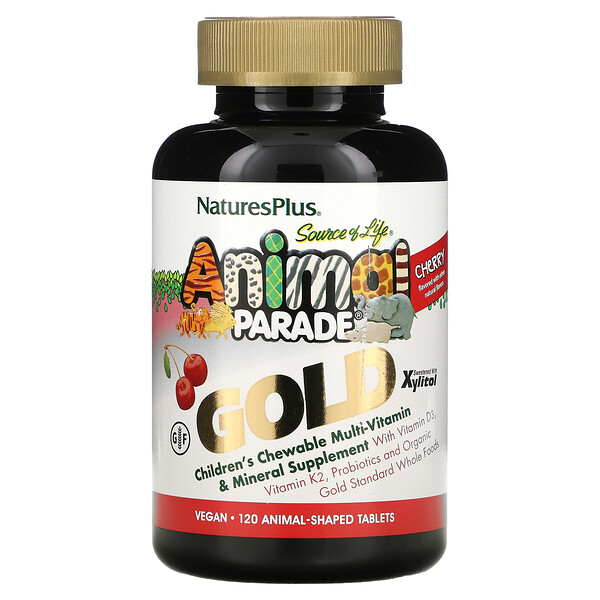 Nature's Plus, Source of Life, Animal Parade Gold, добавка для детей с мультивитаминами и микроэлементами, натуральный ароматизатор «Вишня», 120 таблеток в форме животных