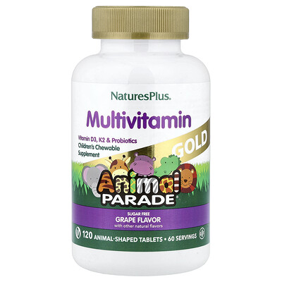 NaturesPlus, Animal Parade® Gold, Suplemento multivitamínico masticable para niños, Uva, 120 comprimidos con forma de animales