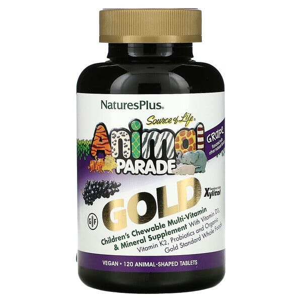 Nature's Plus, Source of Life, Animal Parade Gold, Children's Chewable Multi-Vitamin & Mineral Supplement, Grape, 120 Animal-Shaped Tablets