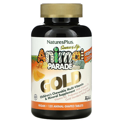

NaturesPlus Source of Life Animal Parade Gold Children's Chewable Multi-Vitamin & Mineral Supplement Orange 120 Animal-Shaped Tablets