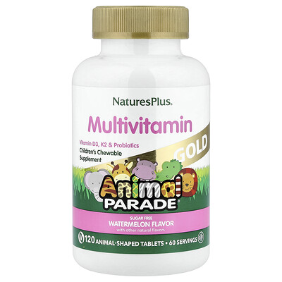NaturesPlus, Animal Parade® Gold, Suplemento multivitamínico masticable para niños, Sandía, 120 comprimidos con forma de animales