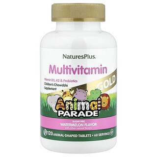 NaturesPlus, Animal Parade® Gold, детски мултивитамини за дъвчене, диня, 120 таблетки с форма на животни