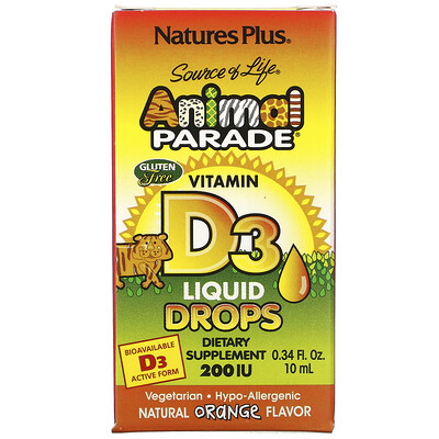 Nature's Plus Source of Life, «Парад животных», витамин D3, жидкие капли, натуральный апельсиновый вкус, 200 МЕ, 0,34 жидк. унций (10 мл)