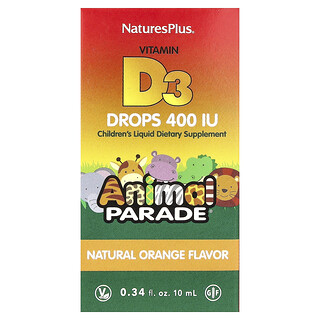 NaturesPlus, Animal Parade®, Tetes Vitamin D3, Jeruk Alami, 10 mcg (400 IU), 0,34 ons cairan (10 ml)