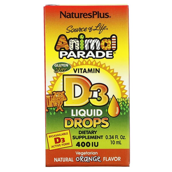 Nature's Plus, Source of Life，Animal Parade，維生素 D3 滴劑，天然橙味，400 國際單位，0.34 液量盎司（10 毫升）