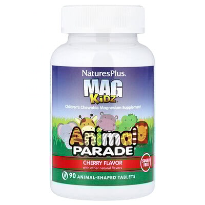 NaturesPlus, MagKidz®, Animal Parade®, Magnesio masticable para niños, Cereza, 90 comprimidos con forma de animales (50 mg por comprimido)