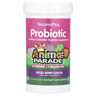 NaturesPlus, Suplemento probiótico digestivo masticable para niños, Bayas mixtas, 7000 millones de UFC, 30 comprimidos masticables