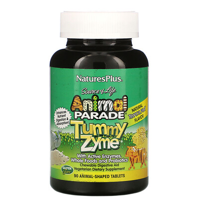 Nature's Plus Source of Life, Animal Parade, Tummy Zyme с активными ферментами, цельными продуктами и пробиотиками, натуральный вкус тропических фруктов, 90 таблеток в форме животных