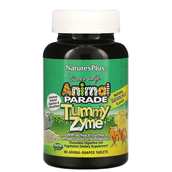 Nature's Plus, Source of Life, Animal Parade, Tummy Zyme mit aktiven Enzymen, vollwertige Nahrungsmittel und Probiotika, natürlicher tropischer Fruchtgeschmack, 90 Tabletten in Tierform