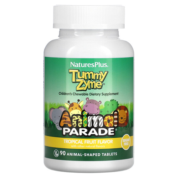 NaturesPlus‏, Tummy Zyme Source of Life, Animal Parade, מצעד החיות, עם אנזימים אקטיביים , מזון מלא ופרוביוטיקה, בטעם טבעי של פירות טרופיים, 90 טבליות בצורת בעלי חיים