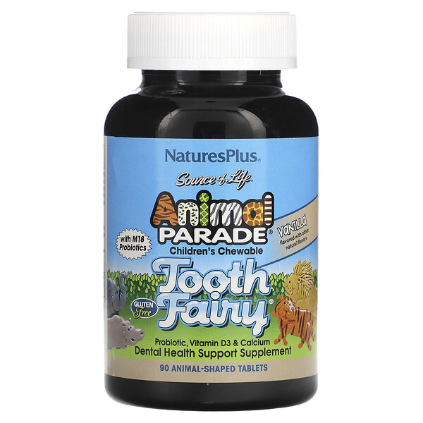 NaturesPlus‏, Source of Life, Animal Parade, Children's Chewable Tooth Fairy Probiotic, Vitamin D3 & Calcium, Vanilla, 90 Animal-Shaped Tablets